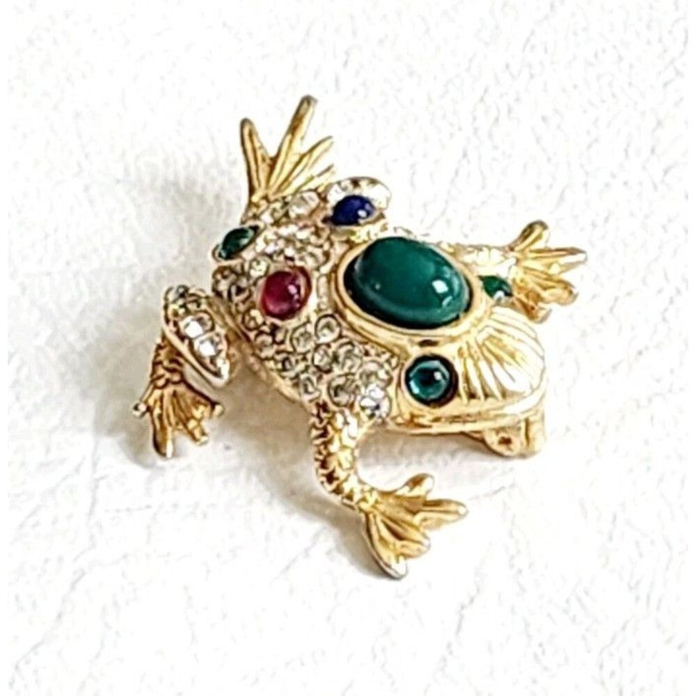 Dainty Mughal "Gripoix" Glass & Crystal Pavé Frog Brooch By Sphinx 1"